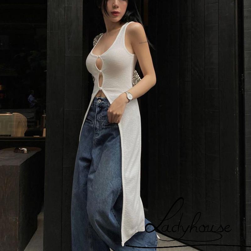 LD-Women Summer Sleeveless Vest, Solid Color U-Neck Front Hollow Out Slit Hem Slim Fit Mid-Length Tank Tops