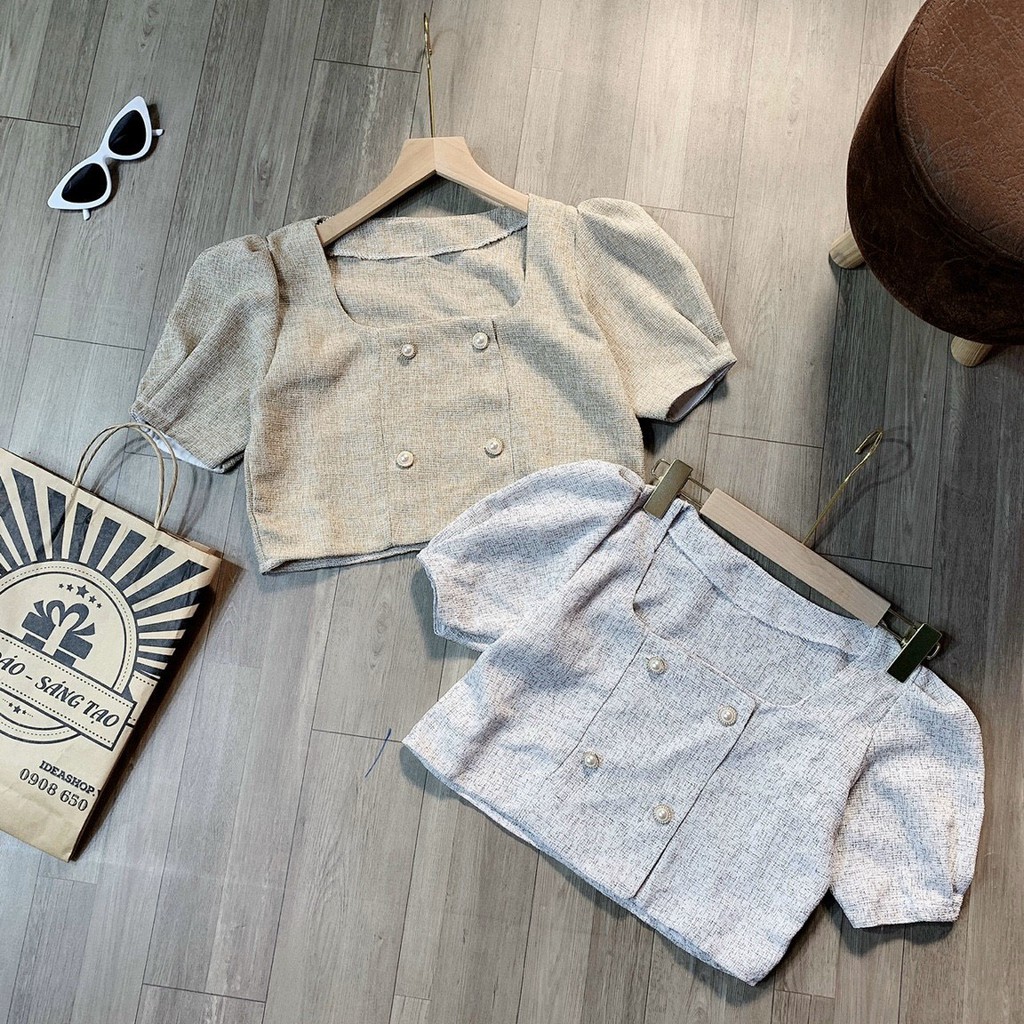 Áo Gấm Thô Croptop Cổ Vuông Tay Ngắn Cho Nữ Dưới 55kg Thời Trang-Cún-5052