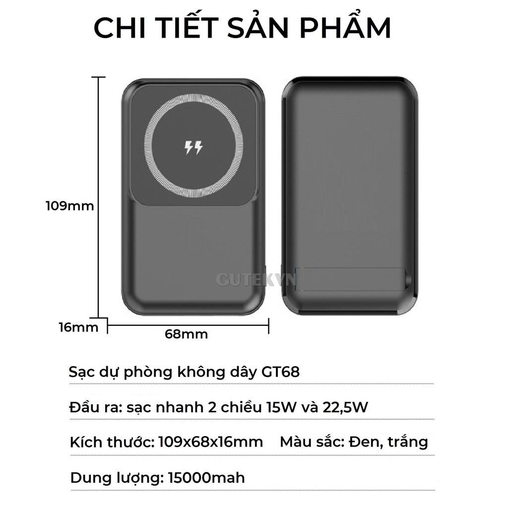 Sạc dự phòng không dây sạc nhanh 22,5W pin 15000mah cao cấp cho từ ip 8/X/11/12/13 – Gutek GT68