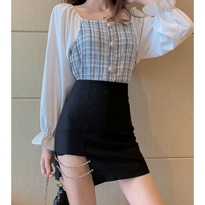 Chân váy chữ A màu đen lưng cao đính đá quyến rũ cho nữ