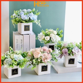 Lọ hoa, chậu hoa tú cầu mix lá xanh trang trí bàn trà, kệ tủ, decor nhà