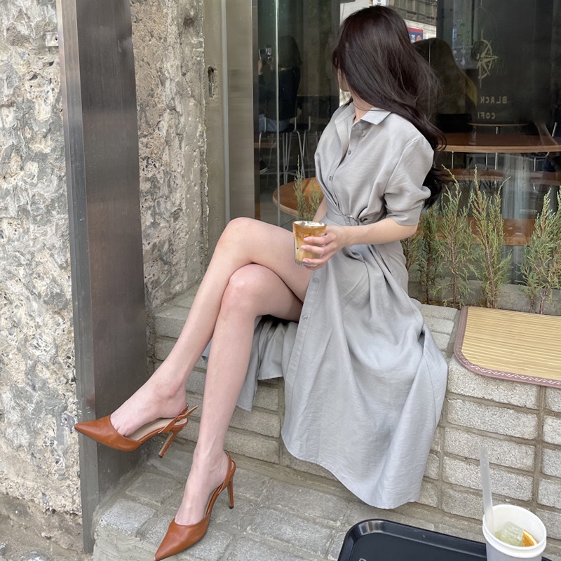 Váy sơ mi cài khuy thắt eo 1 bên xẻ tà cao xòe dài gợi cảm điệu đà Hàn Quốc