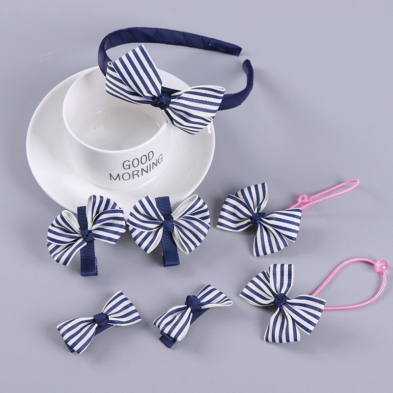 Bờm kẹp tóc phối nơ bọc vải cho bé set 7 chi tiết đáng yêu HadyyKids - B01