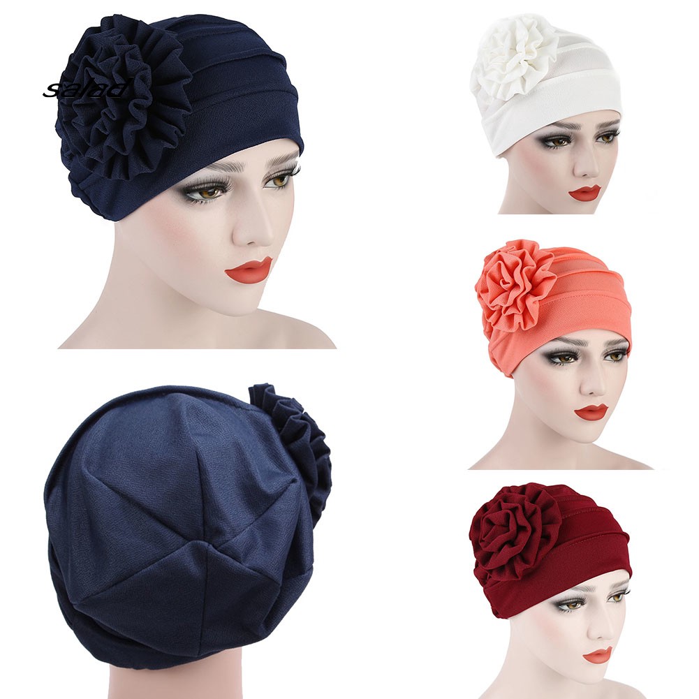 Mũ Turban Trùm Đầu Co Giãn Màu Trơn Họa Tiết Hoa Phong Cách Hồi Giáo Cho Nữ