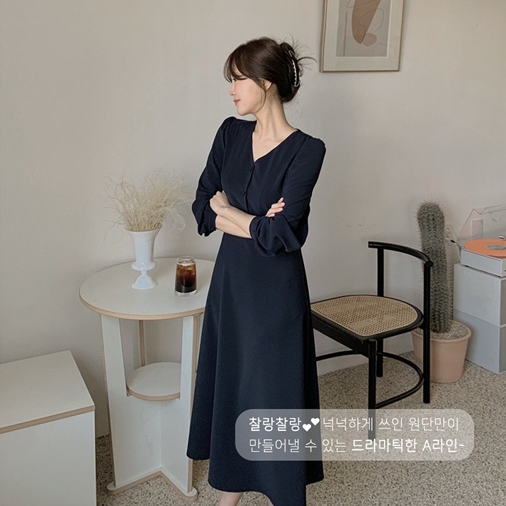 Đầm midi SUXI dài tay cổ chữ V đơn giản thời trang mùa hè cho nữ