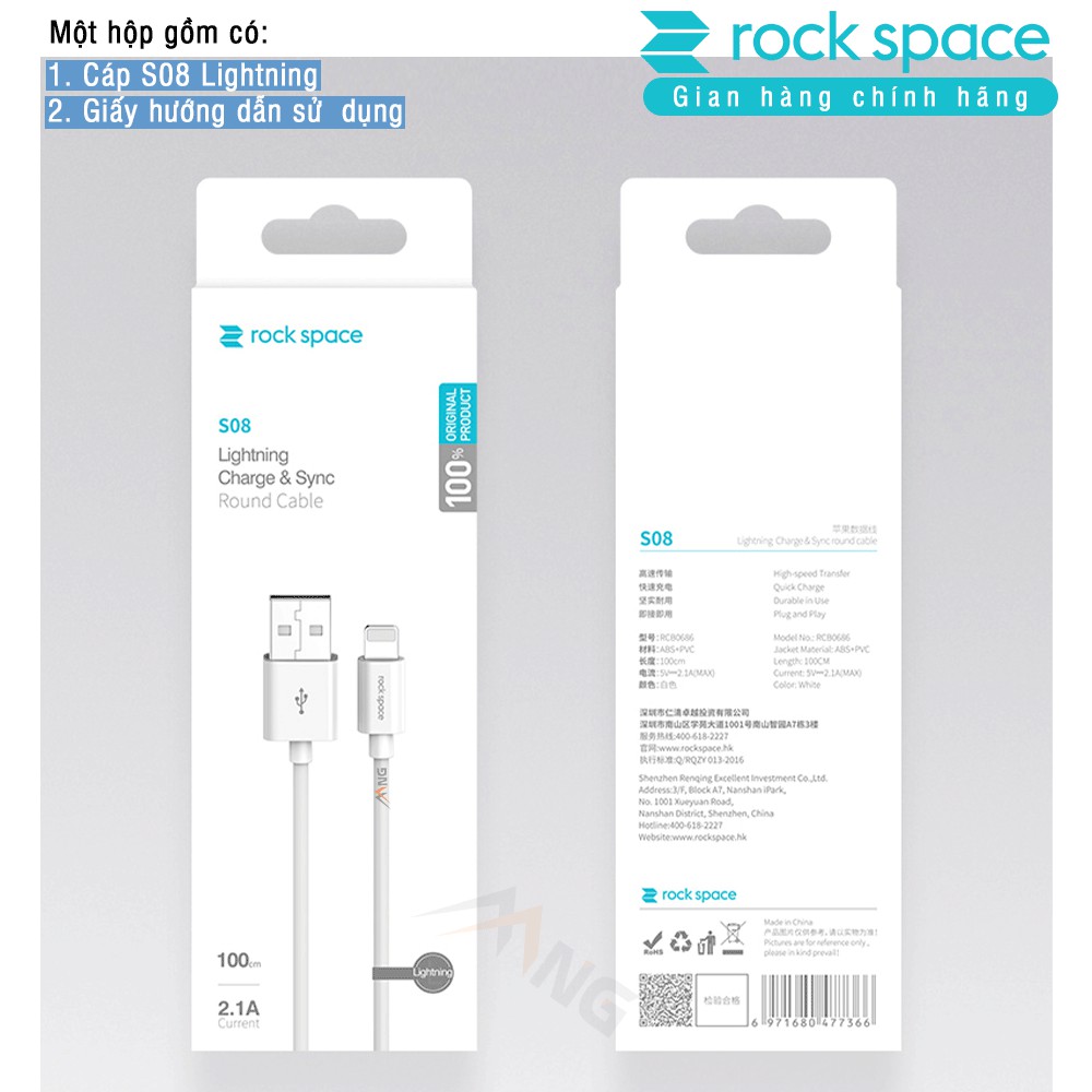 Dây cáp sạc nhanh cho iphone Rock space Lightning S08 độ dài 1m, sạc nhanh, ổn định, không nóng máy, hàng chính hãng