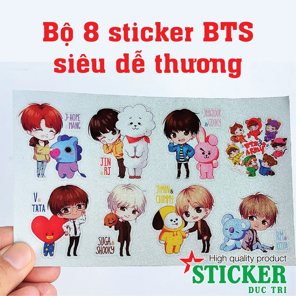 Bộ 8 sticker BTS siêu dễ thương. Miếng dán được cắt sẳn có màng bảo vệ chống nước chống trầy.