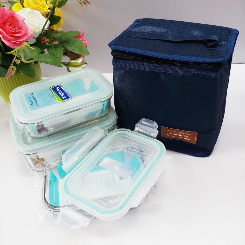 Bộ hộp cơm thủy tinh cường lực Glasslock 670ml chia ngăn + 2 hộp 400ml kèm túi giữ nhiệt | BigBuy360 - bigbuy360.vn