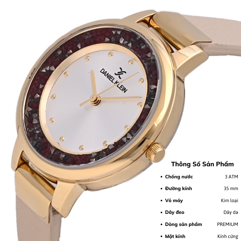 Đồng hồ nữ Daniel Klein Watch DK12051 mặt nhỏ đính đá, kính cứng chống xước, chống nước, dây da đeo tay cao cấp