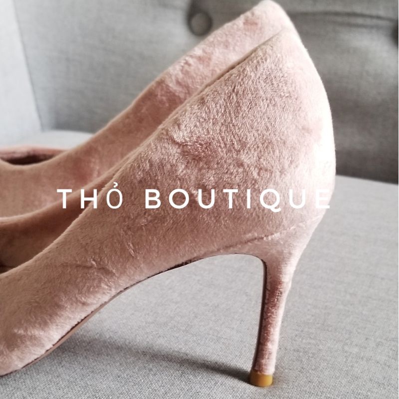 Giày cao gót chính hãng OSSO nhung lông thỏ màu hồng nude pastel 7cm size 38