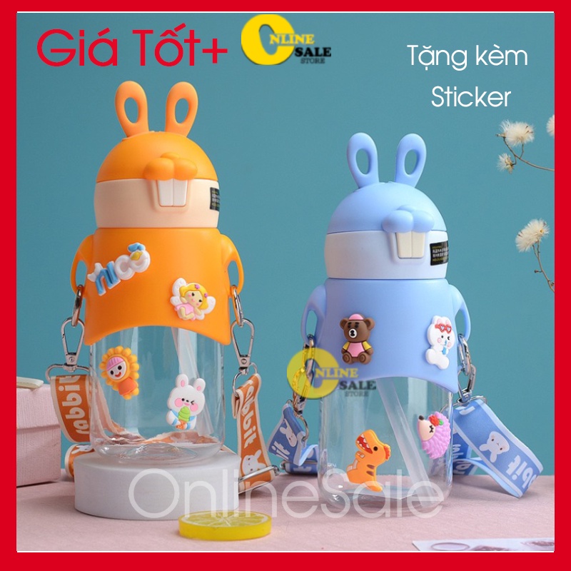 [Tặng kèm Sticker] Bình nước uống trẻ em 600ml có ống hút kèm dây đeo Hàng Cao Cấp- Chai nước nhựa đi học cho bé