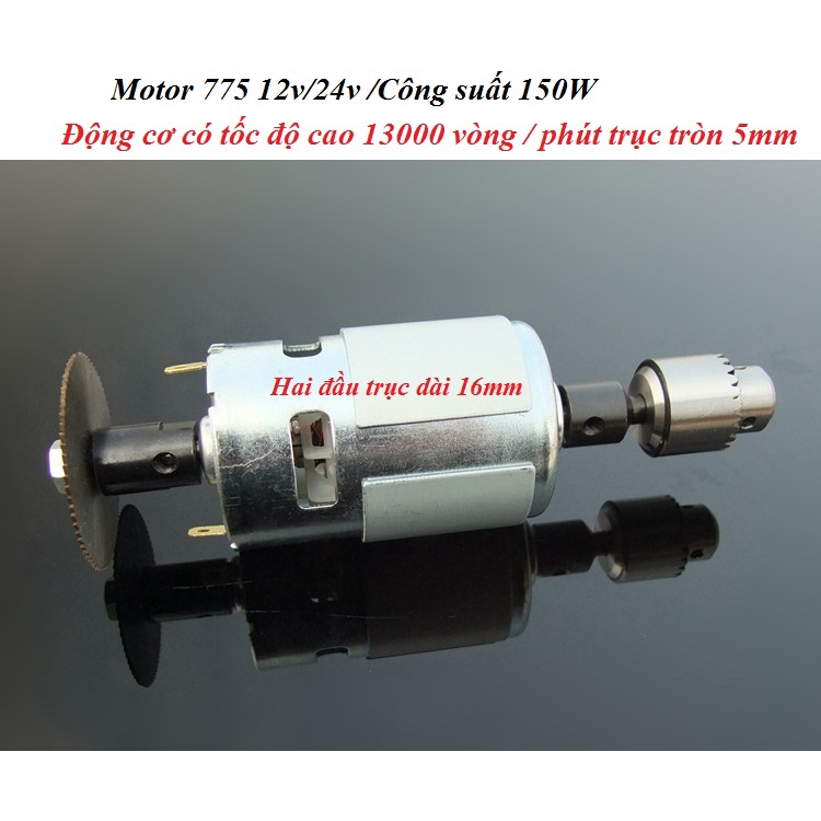 Motor 775 hai đầu trục dài 16mm DC12V/24V 150W 13000rpm