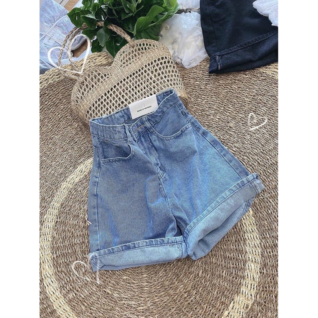 Quần Short Jean Nữ Trơn Cạp Cao Dáng Rộng Chất Quần Bò Dày Dặn