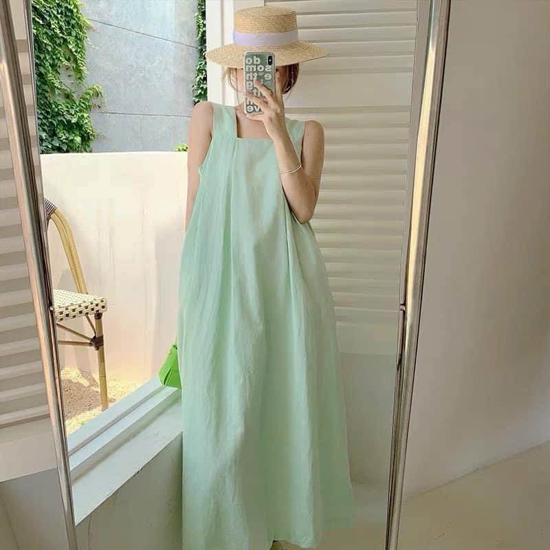 Đầm 2 dây bản to dáng dài, váy bầu bí đi biển phom rộng màu xanh mát mẻ | BigBuy360 - bigbuy360.vn
