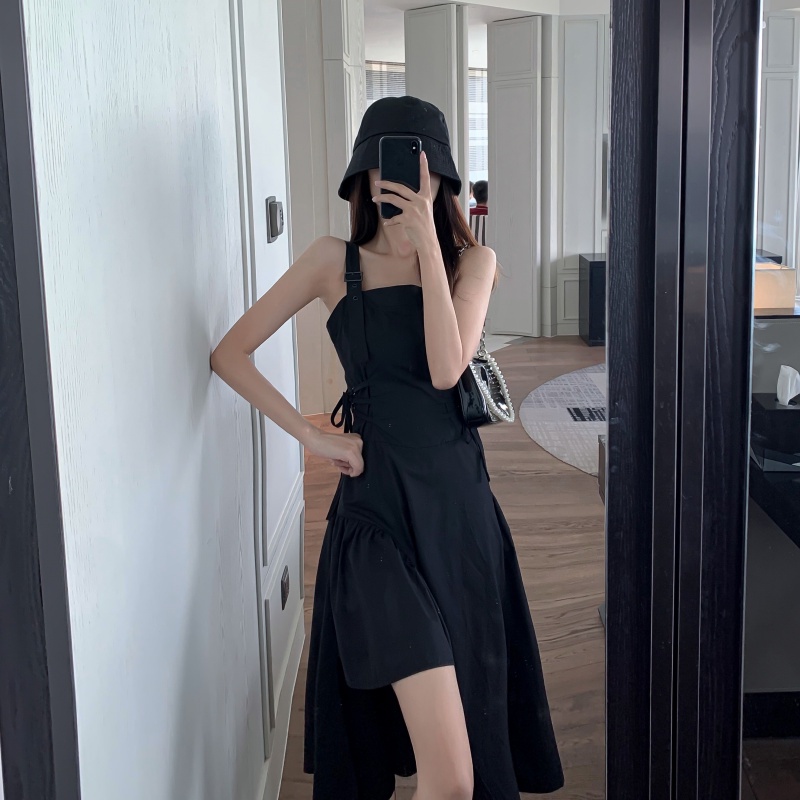 Happy-store ❤️ Váy nữ 02 dây đen ô zuê lệch tà dáng xòe đũi mềm sexy cá tính đi chơi đi dạo phố đi tiệc Thời Trang Phong