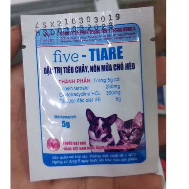 01 gói  Kháng sinh chó mèo FIVE-TIARE 5g đặc trị tiêu chảy nôn mửa cao cấp