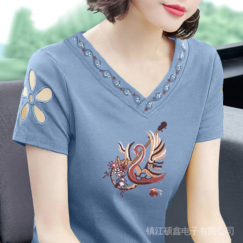 Áo Thun 100% Cotton Tay Ngắn Cổ Chữ V Thêu Họa Tiết Thời Trang Cho Nữ Trung Niên