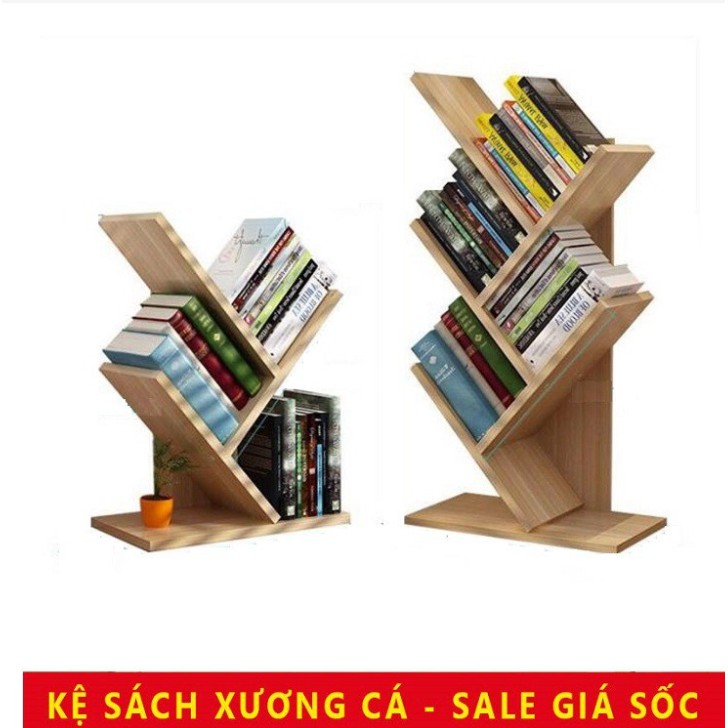 Kệ sách mini bằng gỗ lắp ráp, đựng sách vở để trên bàn làm việc hoặc bàn học, hình xương cá