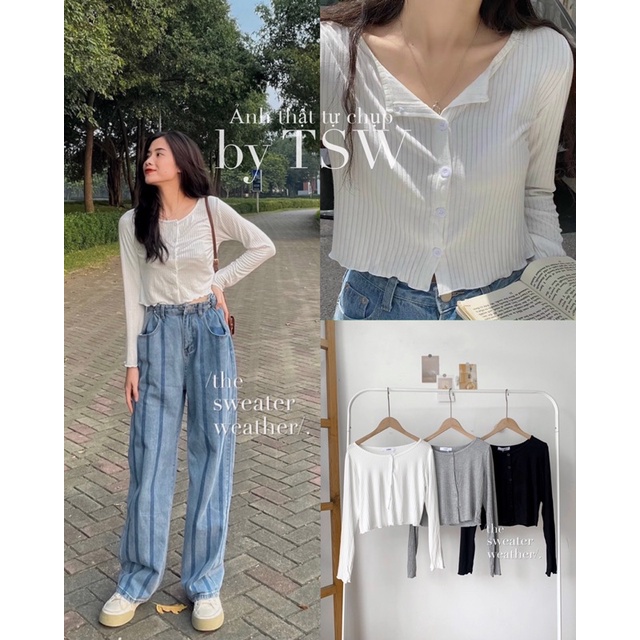 Áo croptop dài tay len mỏng cài cúc basic ( Ảnh thật )