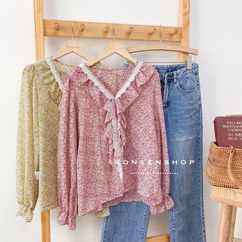 Áo kiểu hoa nhí viền ren chất vải voan nhẹ nhàng Xonxen shop free size mã 9033