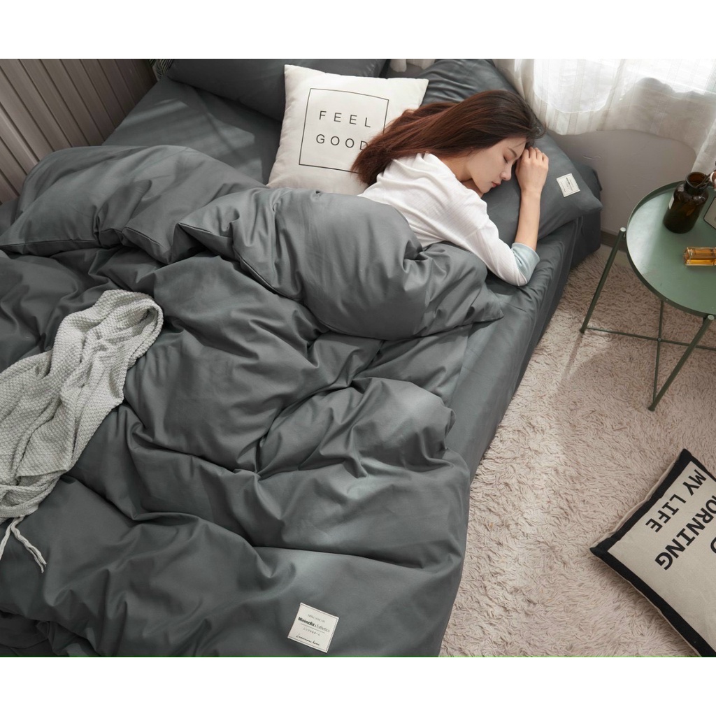 Bộ drap chăn phao trần bông và ga gối cotton tici phối màu trơn cao cấp