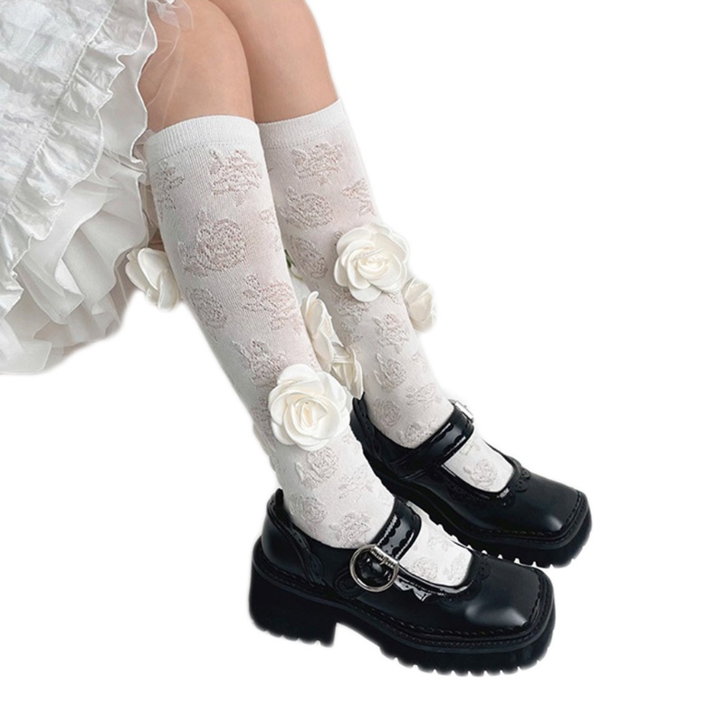 Tất Bắp Chân Cotton In Họa Tiết Hoa 3D Phong Cách Lolita Cho Nữ