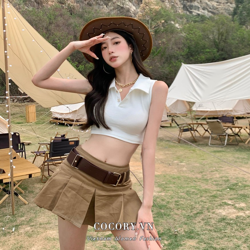 Cocory vn Áo croptop không tay/chân váy lưng cao phong cách retro thời trang cho nữ