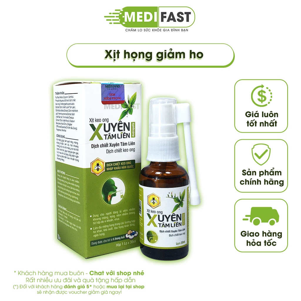 Xịt họng từ keo ong - Lọ 30ml - xuyên tâm liên cho bé từ 6 tháng, hỗ trợ giảm ho, nhiệt miệng cho trẻ từ thảo dược