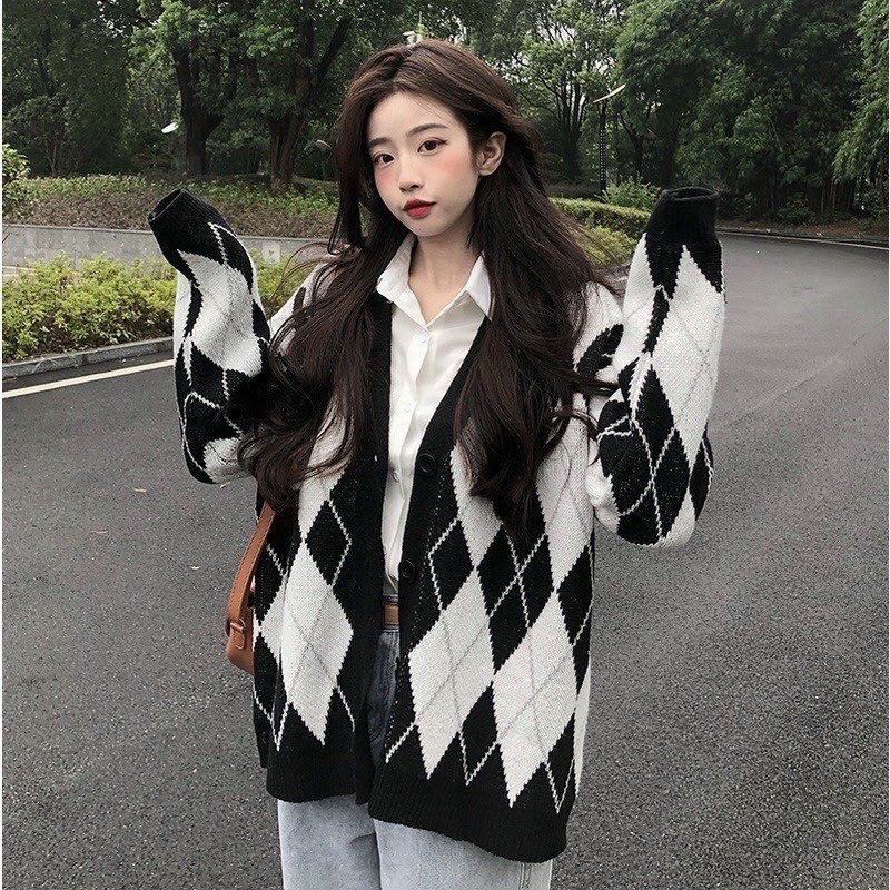 Áo khoác cardigan len nữ kẻ sọc caro kim cương cao cấp, Áo khoác len nữ dài tay dáng rộng phong cách Hàn Quốc