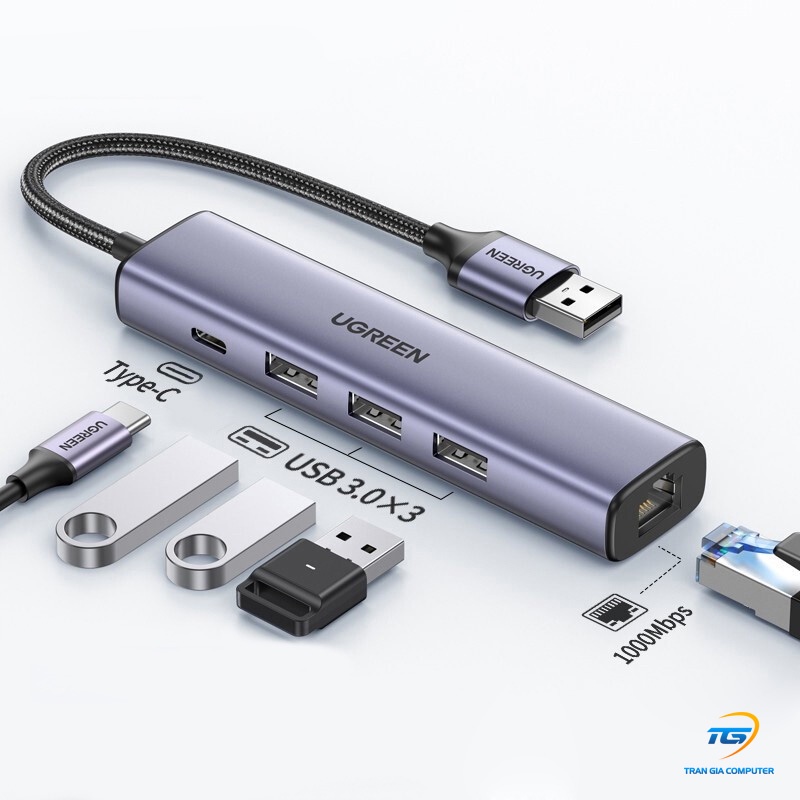 Bộ chuyển đổi USB 3.0 sang cổng mạng LAN và 3 USB 3.0 màu xám Ugreen 20915