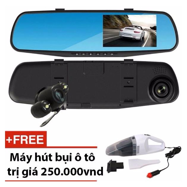 Camera hành trình gương chiếu hậu, tặng máy hut bụi xe hơi