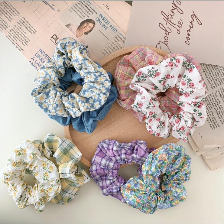 cột tóc vải scrunchies buộc tóc vải họa tiết hoa cúc hoa nhí kẻ caro loại đẹp hot trend PK26