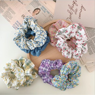Set 2 cột tóc vải scrunchies buộc tóc vải họa tiết hoa cúc hoa nhí kẻ caro loại đẹp hot trend PK26