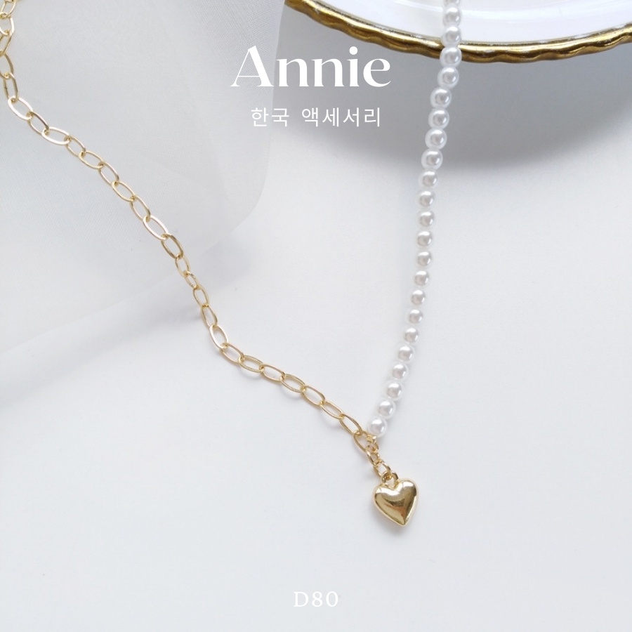 Vòng cổ dây chuyền ngọc trai nhân tạo phối tim vàng cá tính thời trang ANNIE - D80