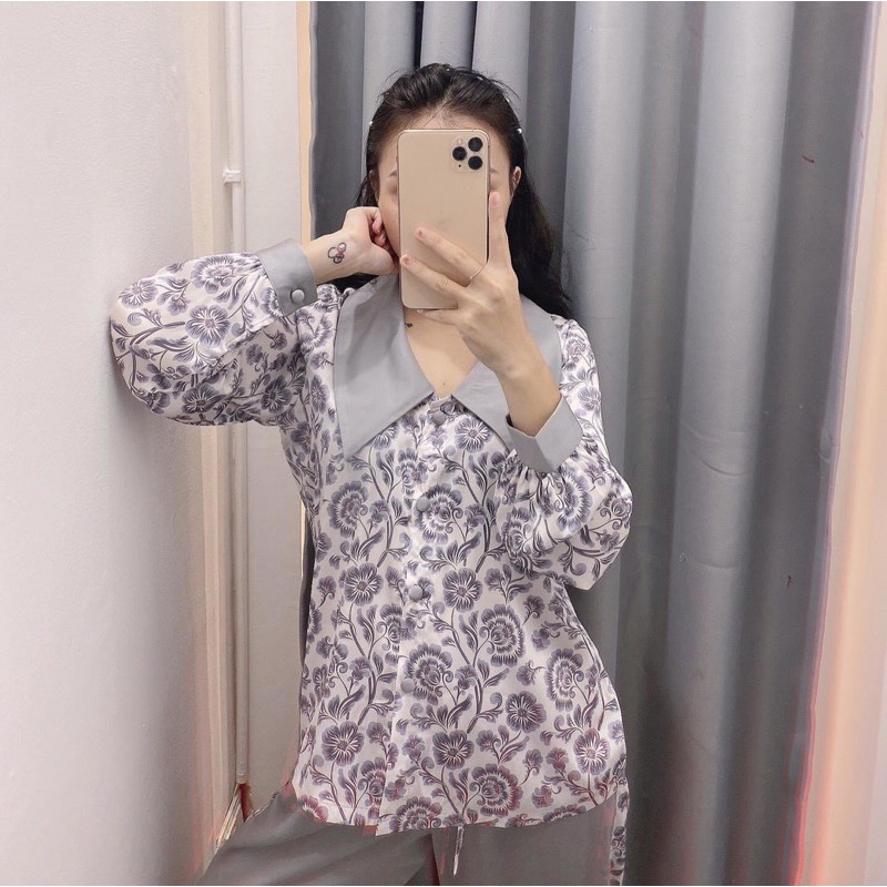 Set Pyjama cổ sen lụa in 2 màu cao cấp