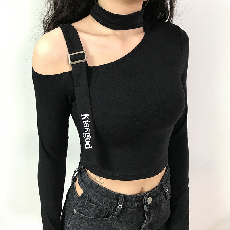 (SẴN)🤩🤩🤩<3 Áo croptop đen dài tay chocker vai trễ lệch bên phong cách Âu Mỹ sành điệu (Ms A84)