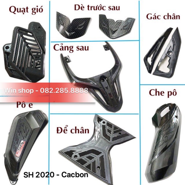 Ốp phụ kiện xe máy SH 2020 - Cacbon (full bộ - có bán lẻ) - Ốp bô/bầu gió/quạt gió/tay xách/thảm để chân....