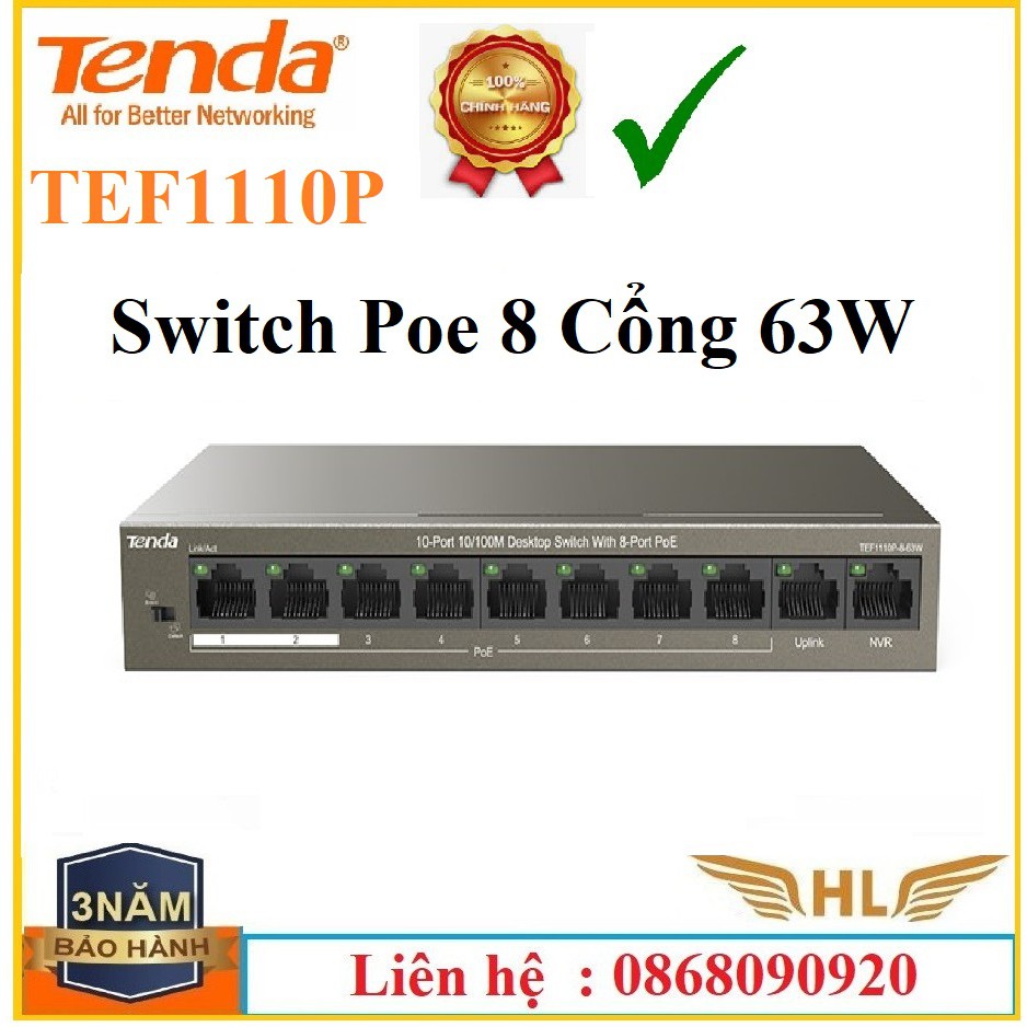 Switch Chia Mạng Poe 8 Cổng Tenda TEF1110P -63W 2 Cổng Uplink - Hàng Chính Hãng thumbnail