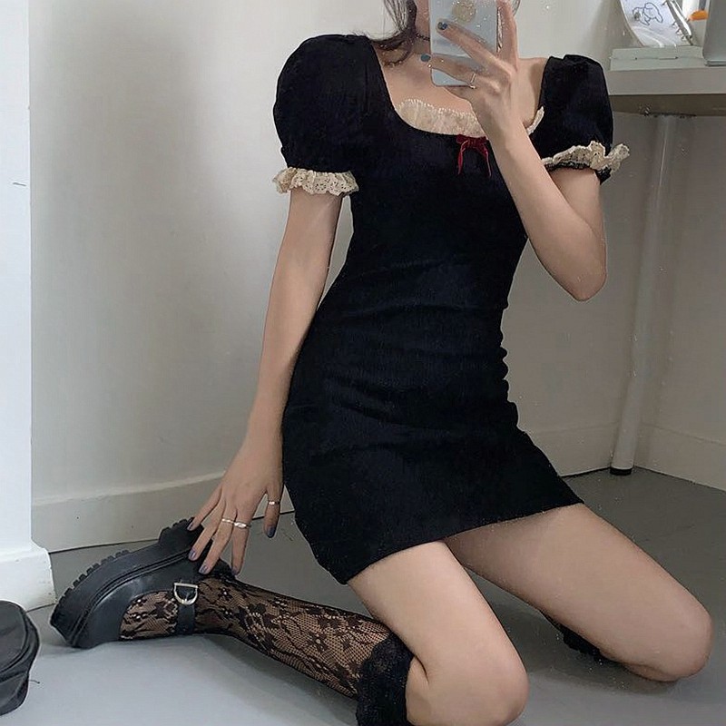 Đầm tay phồng phối ren màu trơn phong cách retro Hàn Quốc cho nữ