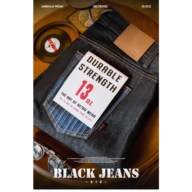 Quần jean MADEN màu đen phong cách Mỹ vintage 2022 thời trang cho nam 13.3oz