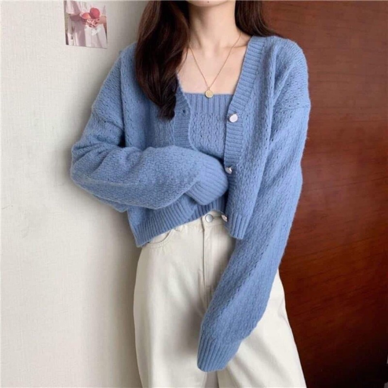 Set áo hai dây len và áo khoác cardigan phong cách kèm ảnh thật