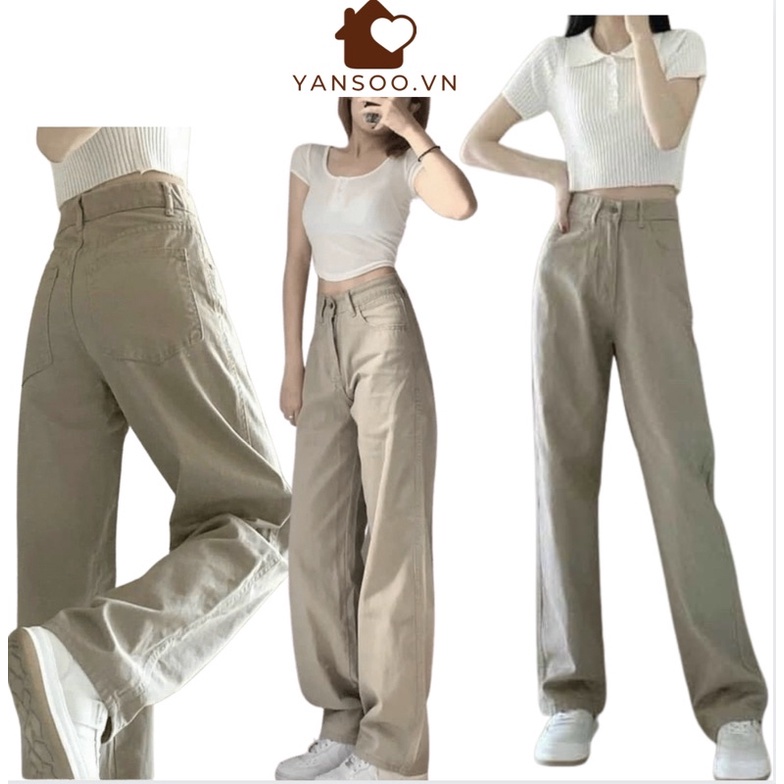 Quần jean ống rộng màu kem kaki cạp cao hách dáng cá tính , màu mới nhất năm nay by YANSOO - Hàng nhập khẩu