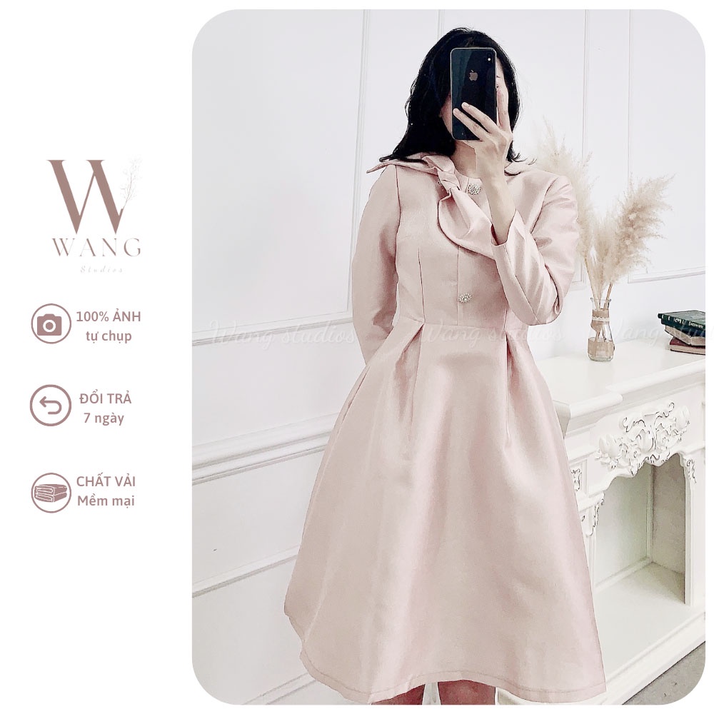Váy công sở thời trang nữ cao cấp nơ cổ chất liệu Tafta nhũ