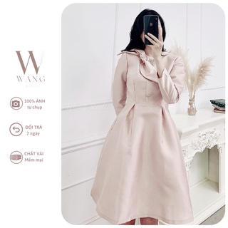 Váy công sở thời trang nữ cao cấp nơ cổ chất liệu Tafta nhũ