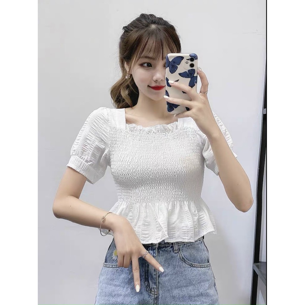 Áo nhún cổ vuông tay ngắn chất vải đũi xịn, phong cách dễ thương ôm dáng tôn dáng cực xinh | BigBuy360 - bigbuy360.vn