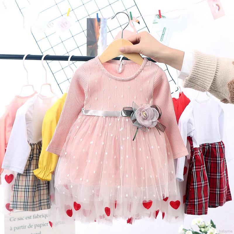 Babyme Autumn Girls Round Neck Mesh Stitching Gauze Princess Flower Cute Sweet Long Sleeve Dress