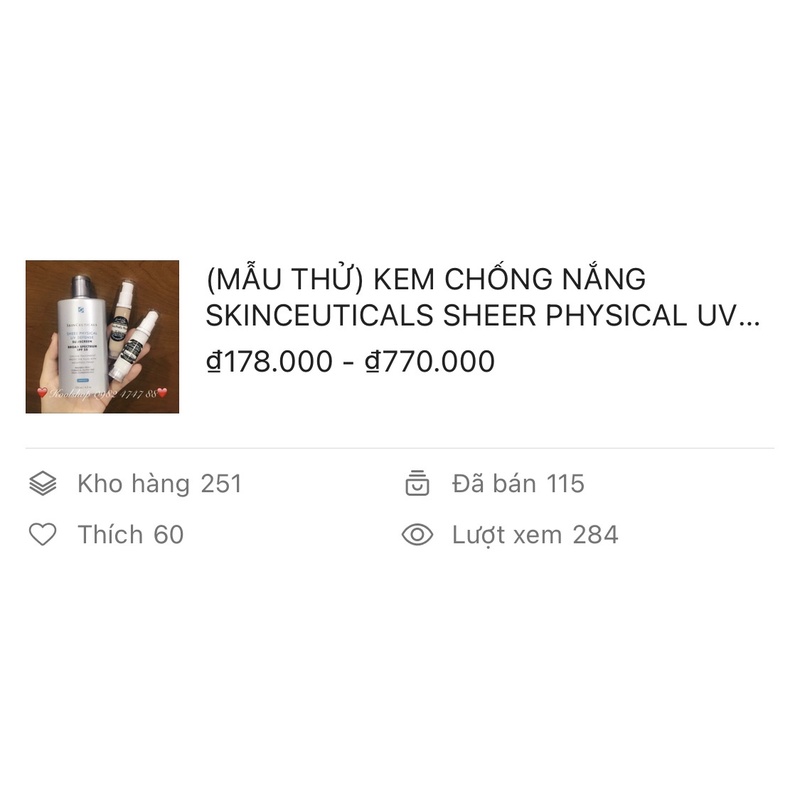 MẪU THỬ☀️KEM CHỐNG NẮNG SKINCEUTICALS SHEER PHYSICAL UV DEFENSE SPF 50
