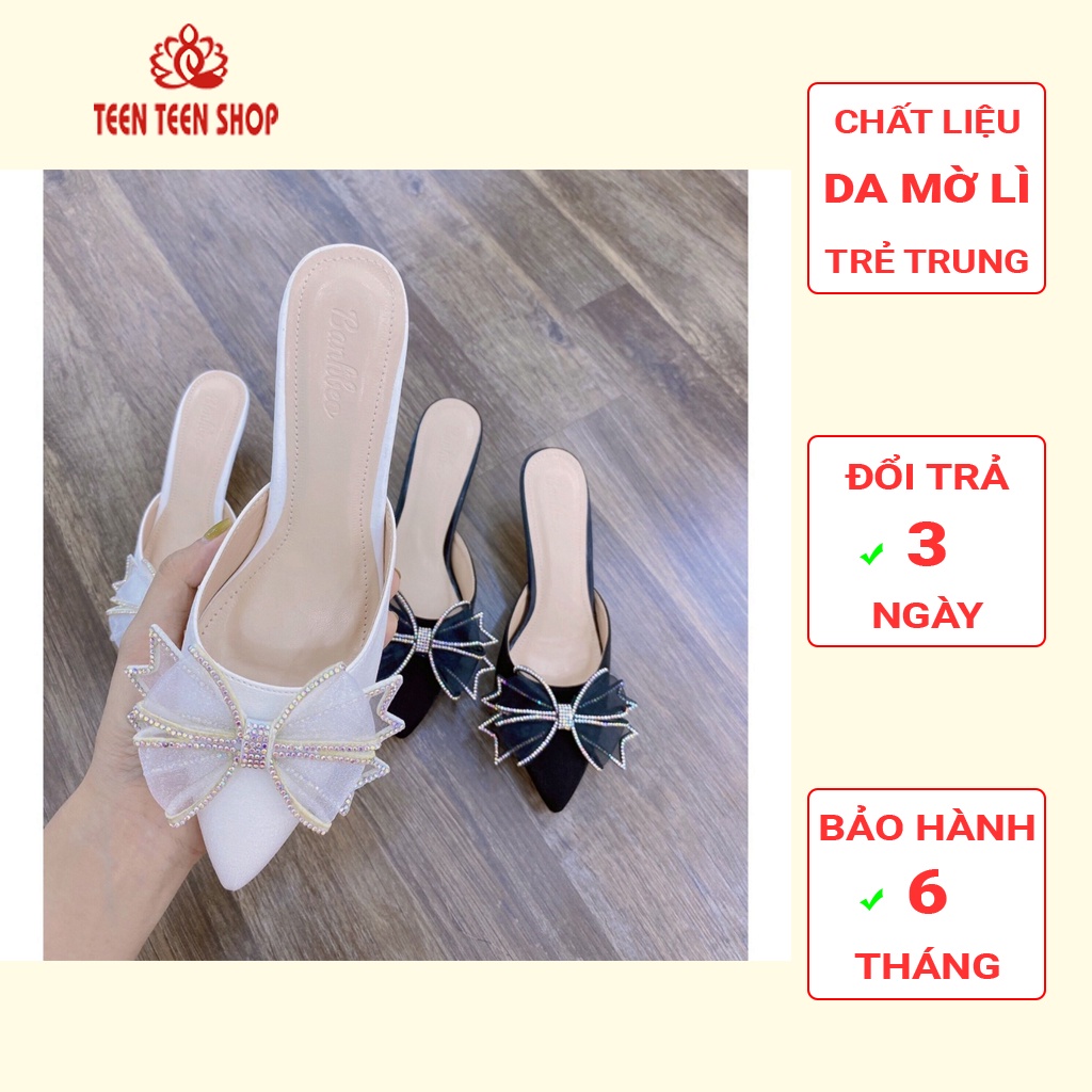 Giày sục nữ cao gót 6p nơ đá họa tiết nổi bật, Giày cao gót nữ mũi nhọn cao 6p, Teen Teen Shop.