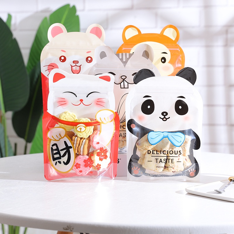 Set 5c Túi zip, vỏ, bao bì gói kẹo bánh Nougat Tết Hoạt hình Hổ con, mèo thần tài, gấu trúc đáng yêu