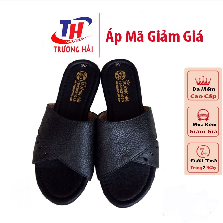 Dép nữ da bò  quai ngang Màu đen Trường Hải Đế Cao su không trơn  DN250